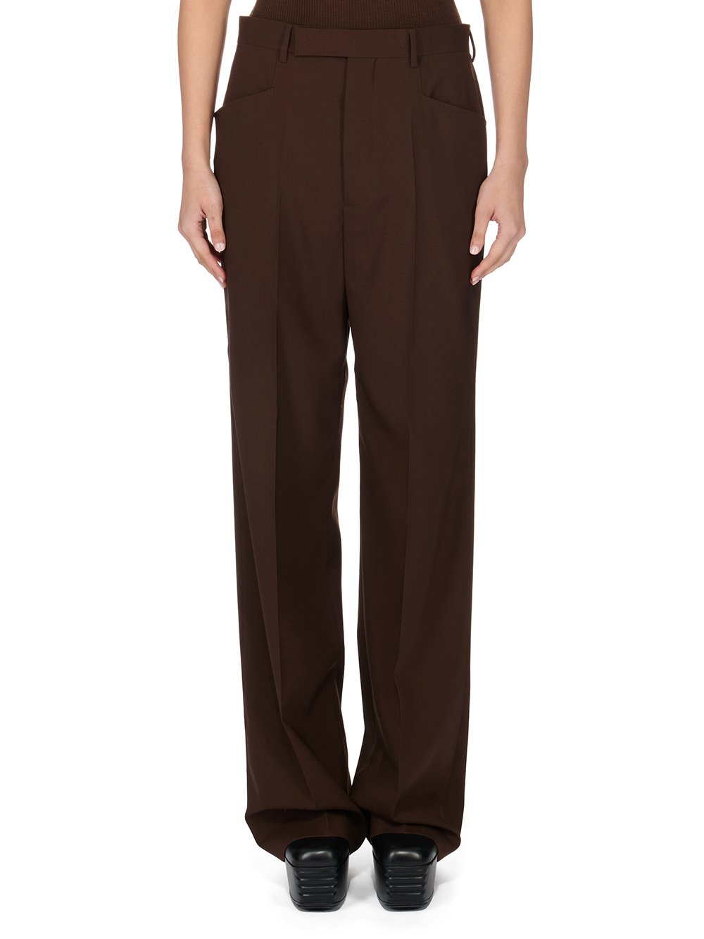 RICK OWENS FW23 LUXOR MASTODON TROUSERS IN BROWN PAPER FINISH WOOL