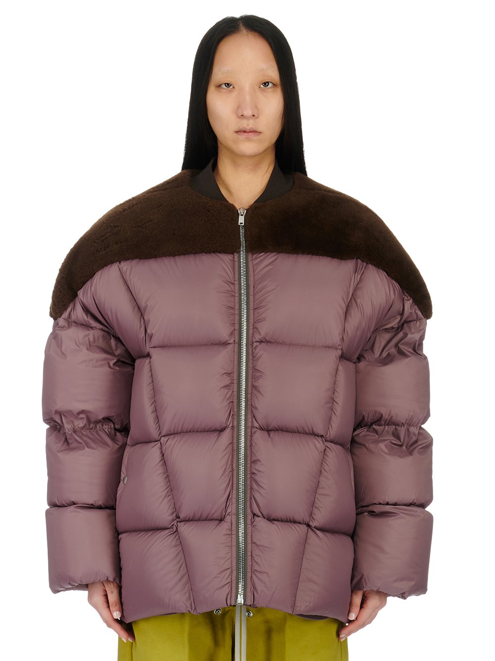 RICK OWENS FW23 LUXOR FLIGHT JKT IN BROWN AND AMETHYST BUTTER LAMB SHEARLING AND RECYCLED NYLON