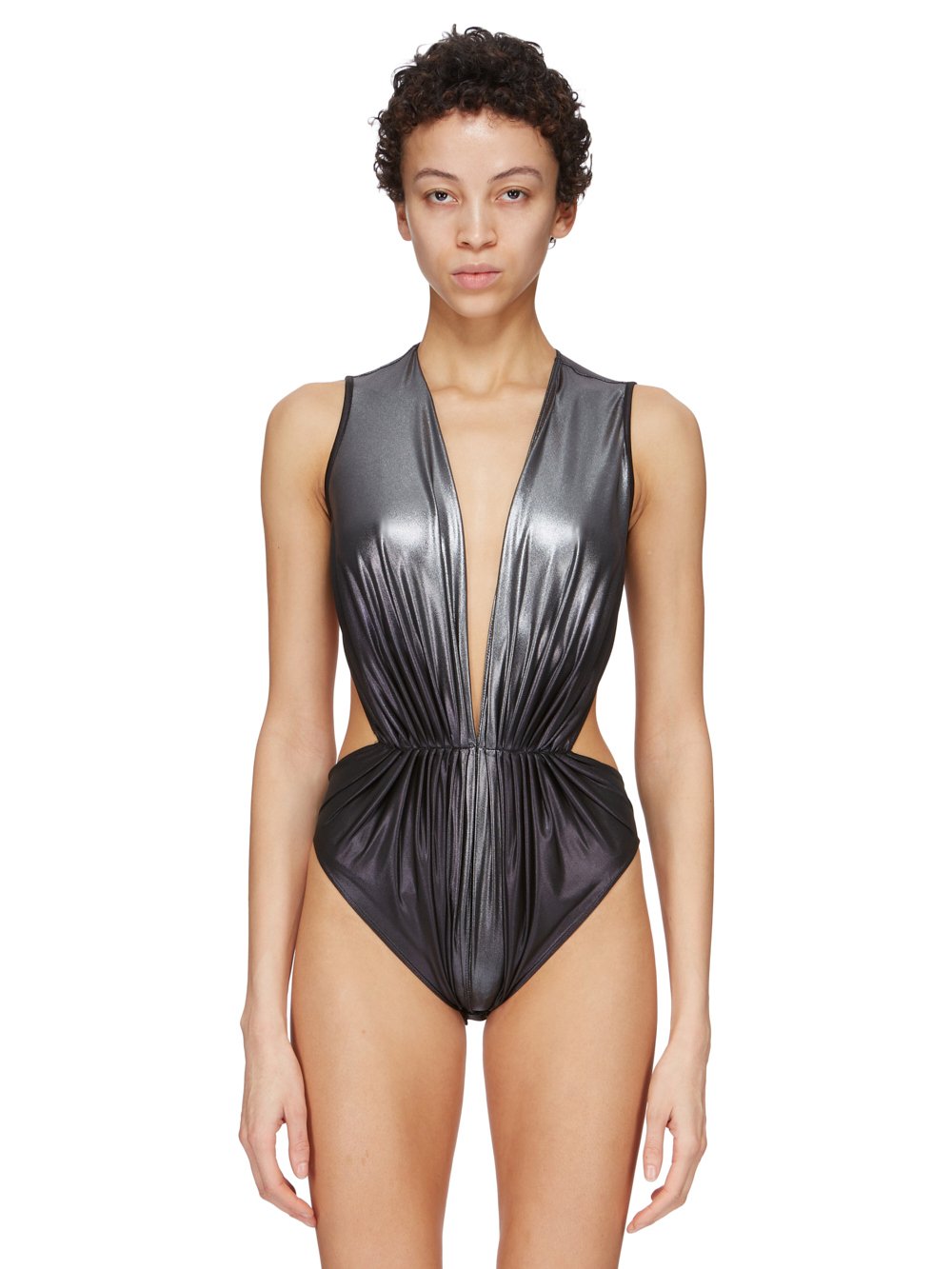 RICK OWENS LILIES FW23 LUXOR GIA BODYSUIT IN SILVER DEGRADE GLOSSY VISCOSE JERSEY