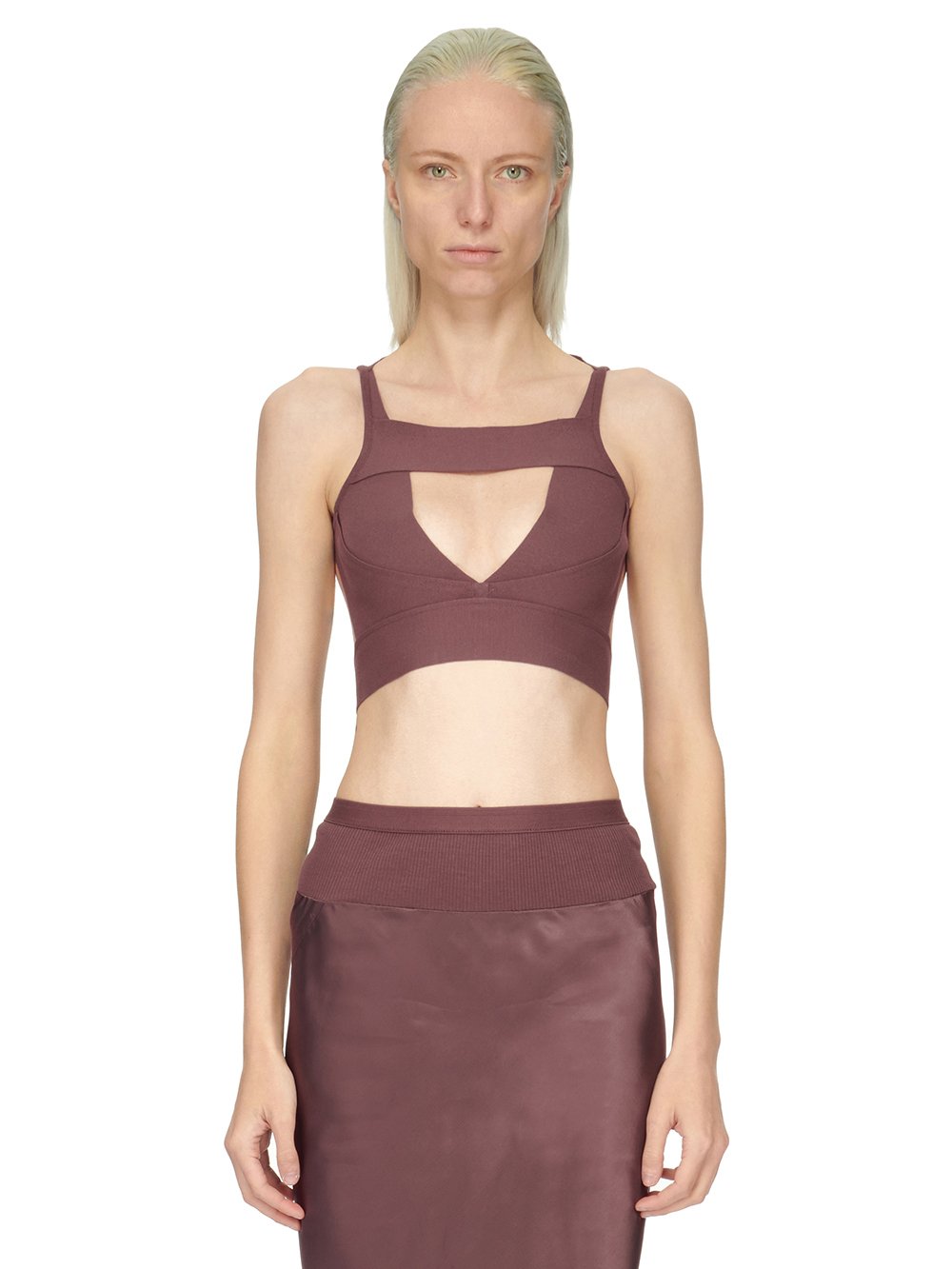 RICK OWENS FW23 LUXOR SLING BRA IN AMETHYST PURPLE STRETCH VISCOSE KNIT RICK OWENS FW23 LUXOR SLING BRA IN AMETHYST PURPLE STRETCH VISCOSE KNIT