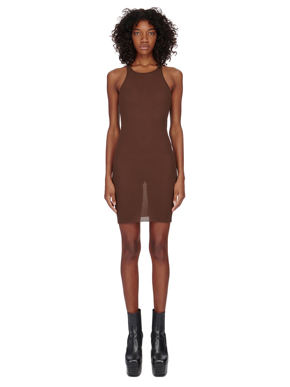 RICK OWENS FW23 LUXOR KNEE TANK DRESS IN BROWN VISCOSE SILK RIB JERSEY