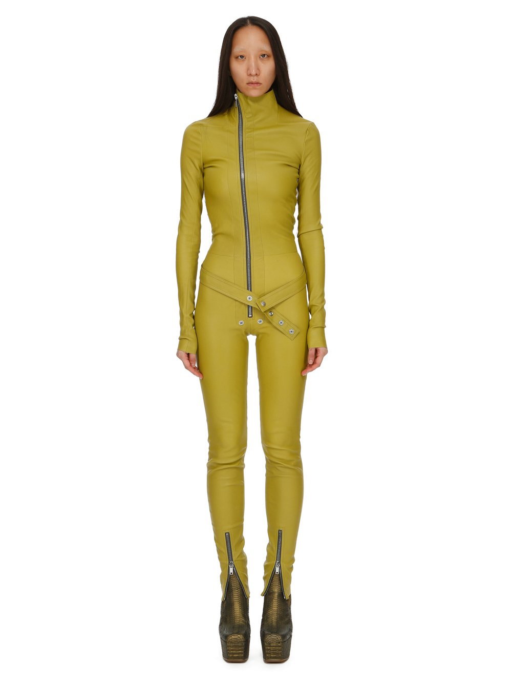 RICK OWENS FW23 LUXOR TIGHT GARY FLGHTSUIT IN ACID YELLOW STRETCH LAMB LEATHER