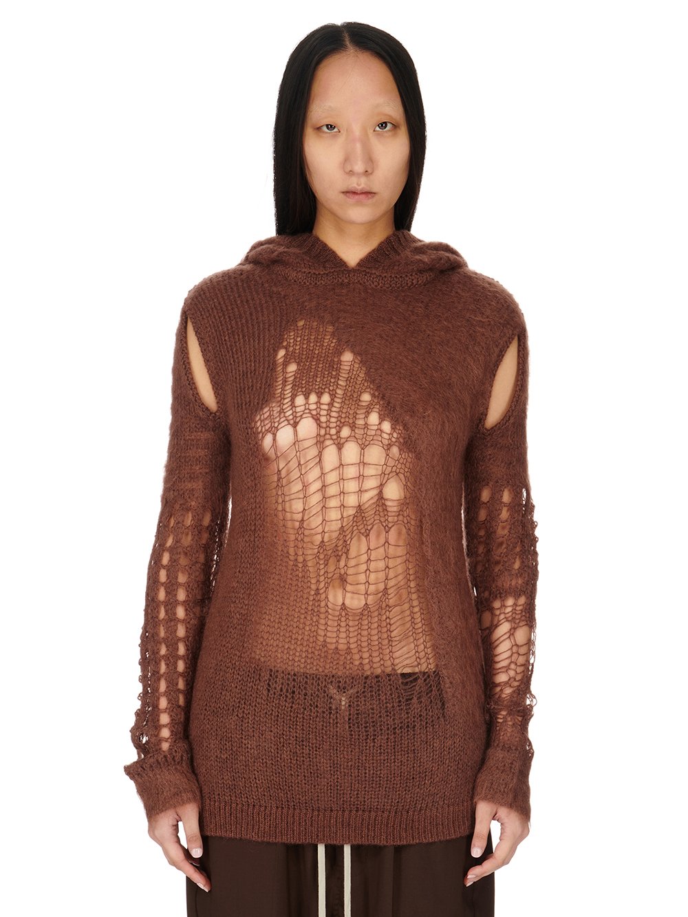 RICK OWENS FW23 LUXOR SPIDER CAPE SLEEVE HOODIE IN BROWN SPIDER KNIT