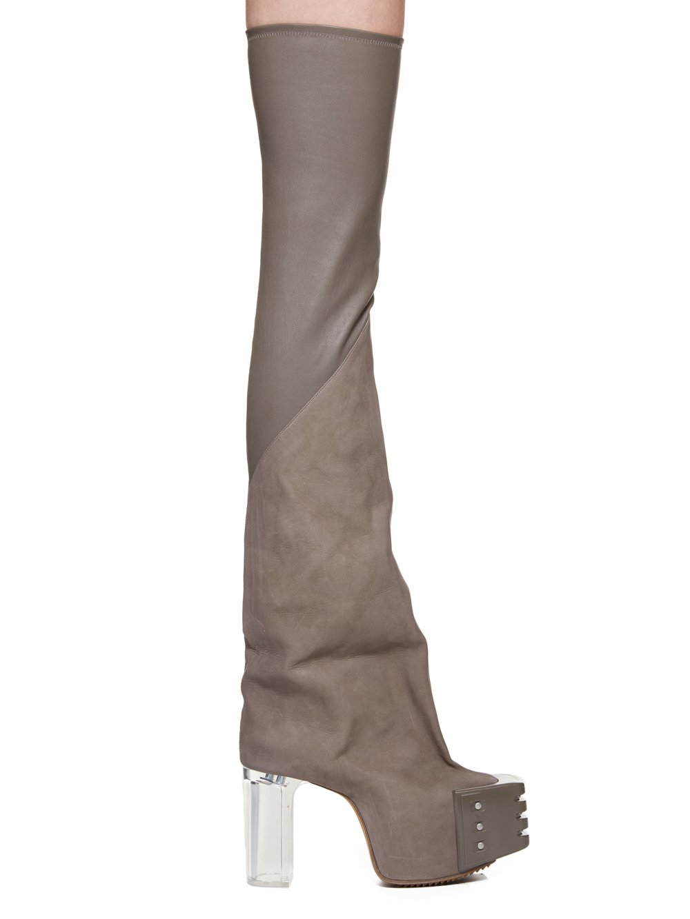 RICK OWENS FW23 LUXOR RUNWAY FLARED PLATFORMS 45 IN DUST STRETCH LAMB LEATHER AND GREYWOLF NUBUCK