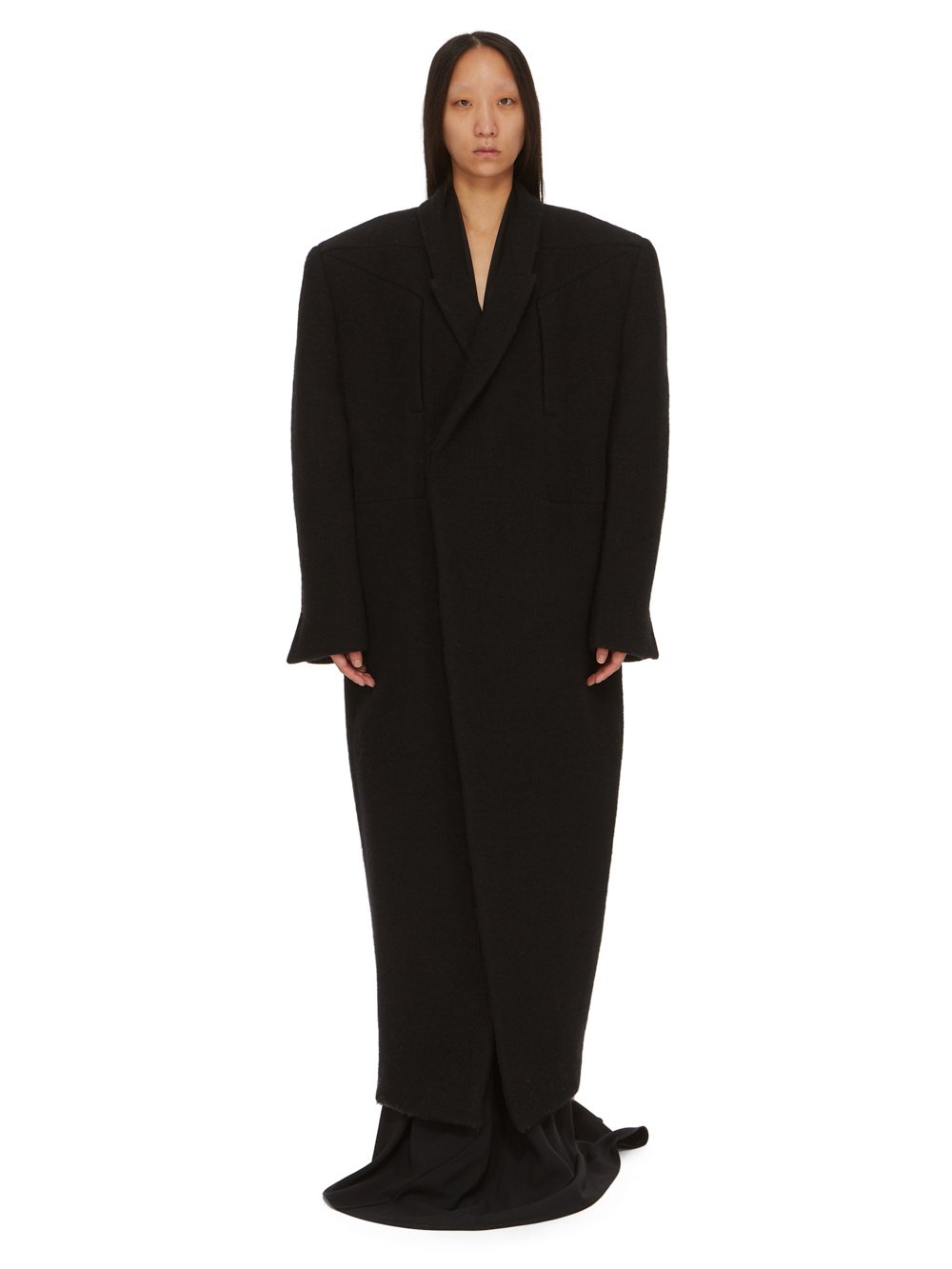 RICK OWENS FW23 LUXOR JUMBO TATLIN LONG COAT IN  BLACK BOILED WOOL