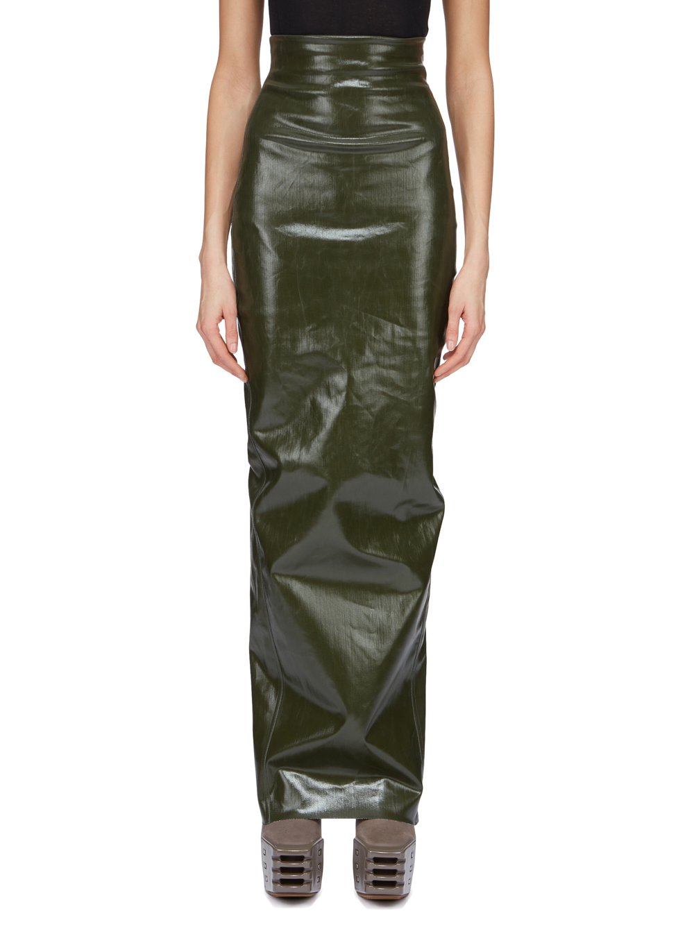 RICK OWENS FW23 LUXOR RUNWAY DIRT PILLAR IN FOREST LACQUERED STRETCH DENIM RICK OWENS FW23 LUXOR RUNWAY DIRT PILLAR IN FOREST LACQUERED STRETCH DENIM