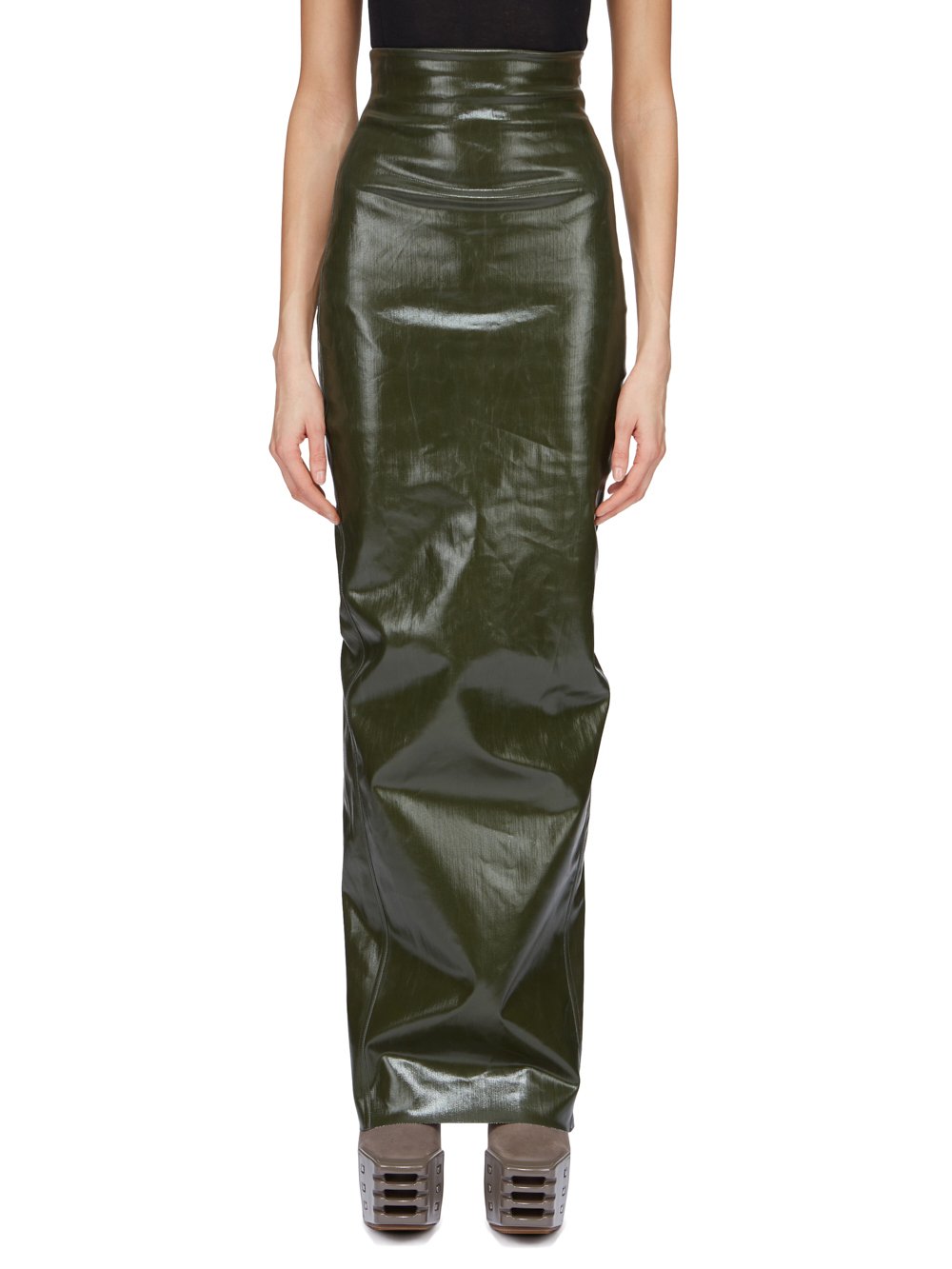 RICK OWENS FW23 LUXOR RUNWAY DIRT PILLAR IN FOREST LACQUERED STRETCH DENIM