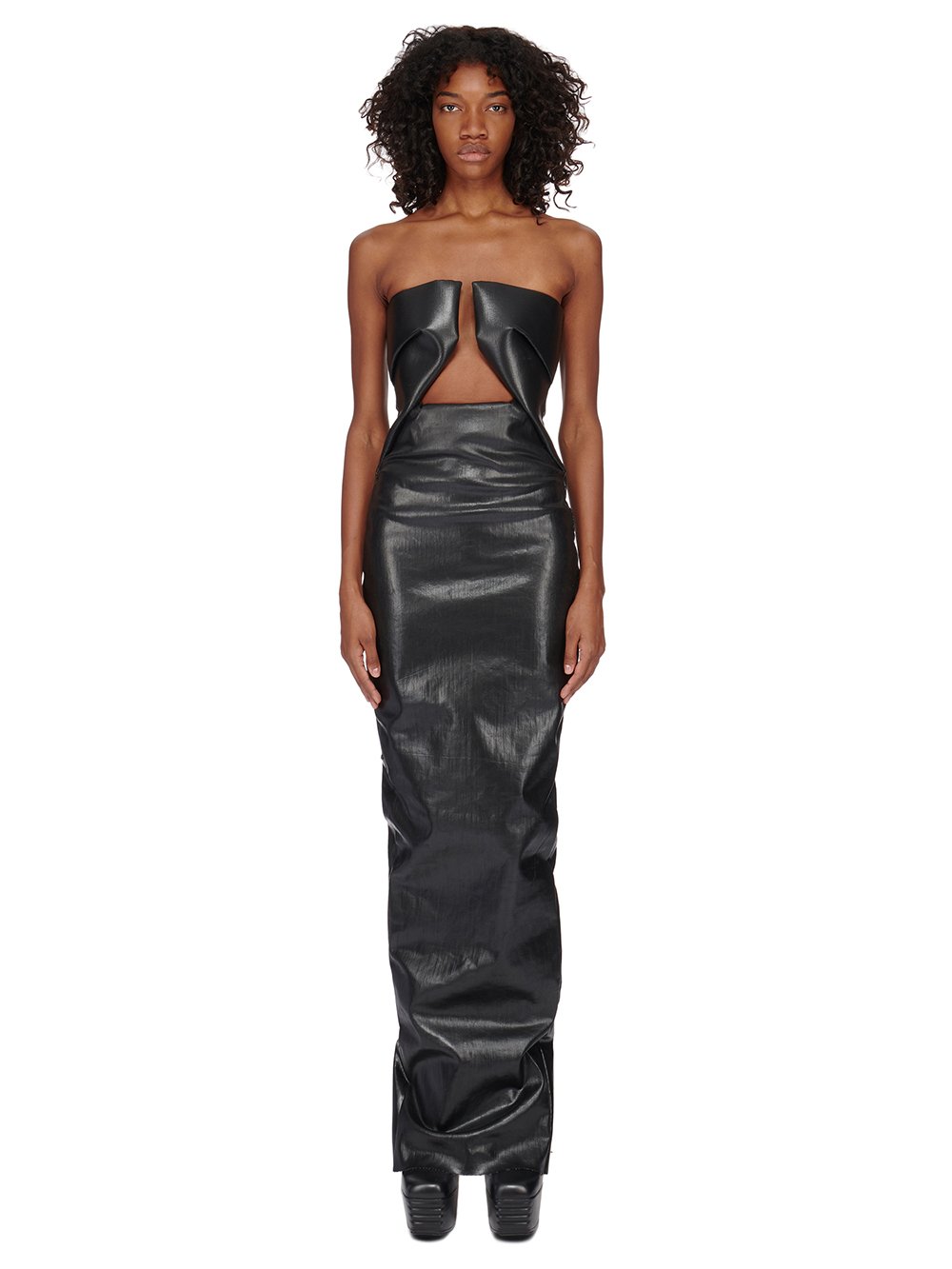 RICK OWENS FW23 LUXOR PRONG GOWN IN BLACK CRACKED STRETCH DENIM