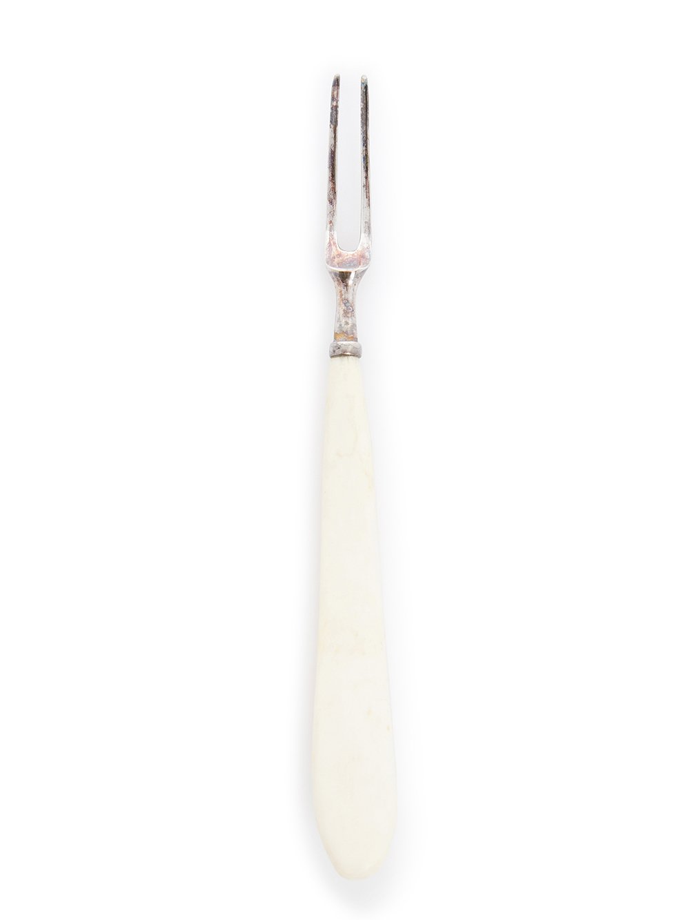 RICK OWENS SNAIL FORK FEATURES A SMALL TWO TINE STERLING TOP, AND A SLIM NATURAL COLOR BONE HANDLE.