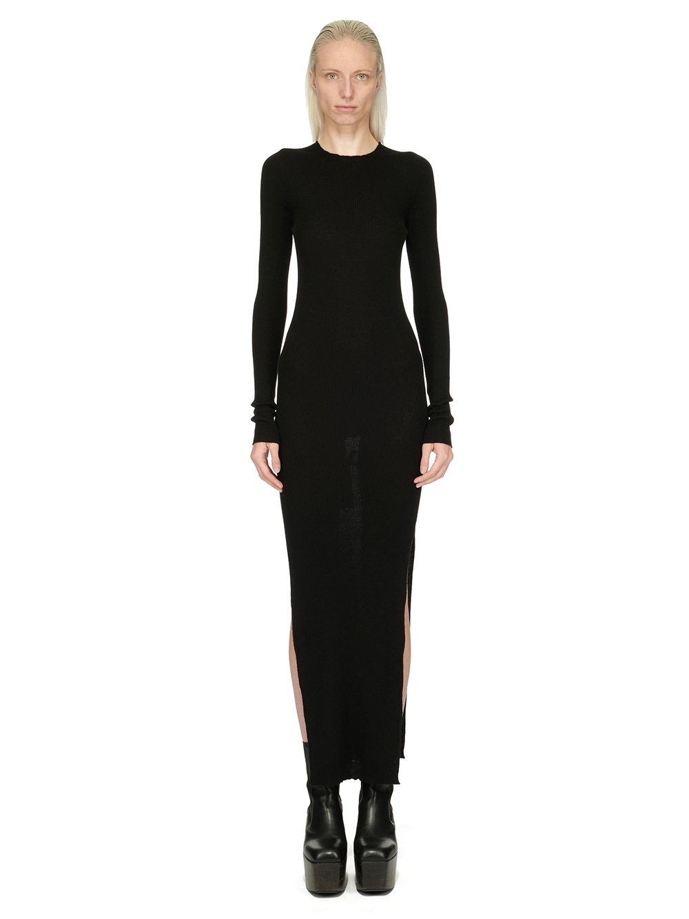 RICK OWENS FW23 LUXOR RIBBED ROUND NECK DRESS IN BLACK LIGHTWEIGHT RIBBED KNIT