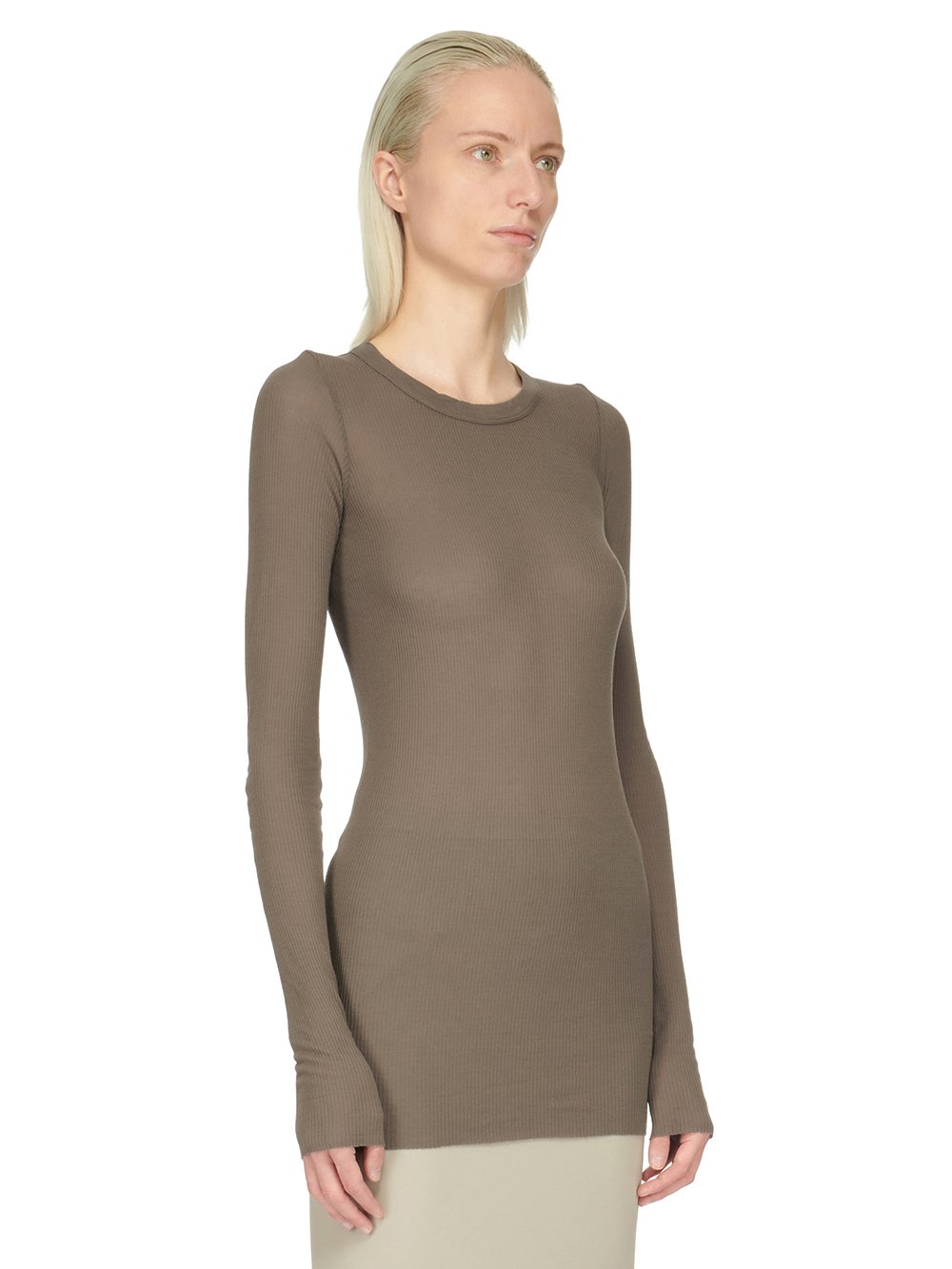 RICK OWENS FW23 LUXOR RIB LS T IN DUST GREY VISCOSE SILK RIB JERSEY