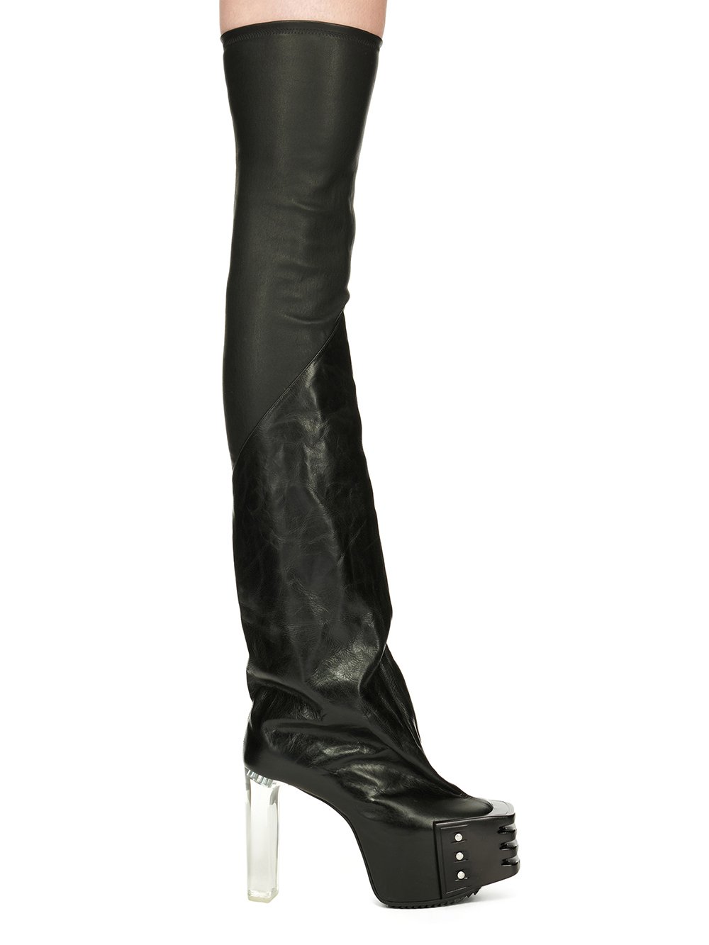 RICK OWENS FW23 LUXOR FLARED PLATFORMS 65 IN BLACK STRETCH LAMB LEATHER AND GLASLUX, GLOSSY CALF LEATHER
