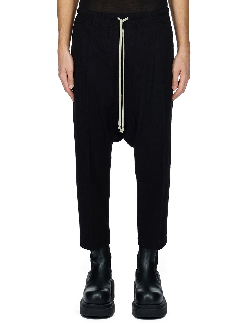 RICK OWENS FW23 LUXOR DRAWSTRING CROPPED IN BLACK SOFT WOOL FLANNEL