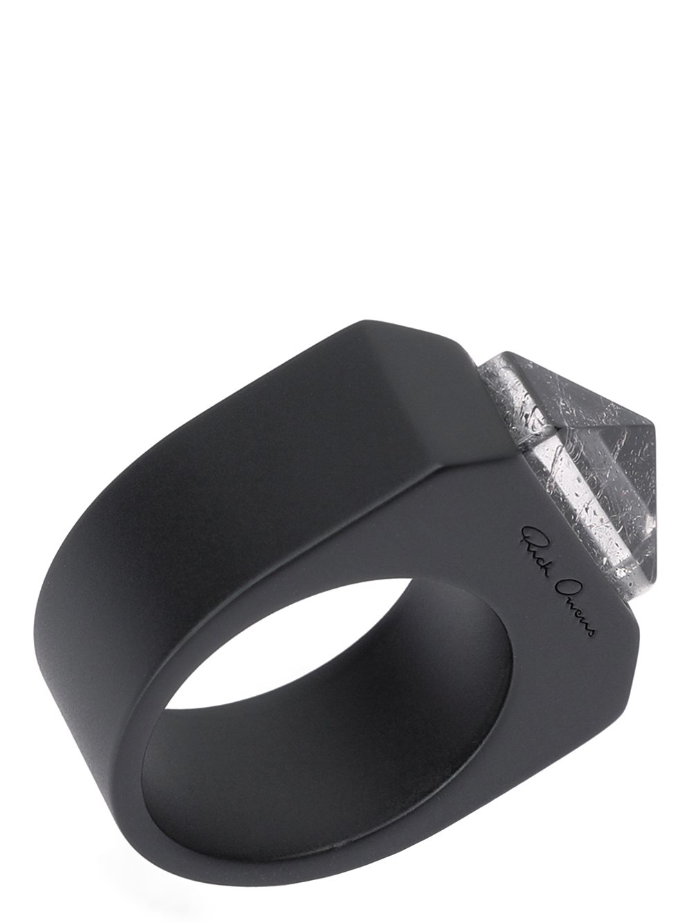RICK OWENS CRYSTAL PYRAMID RING IN BLACK BRASS AND ROCK CRYSTAL