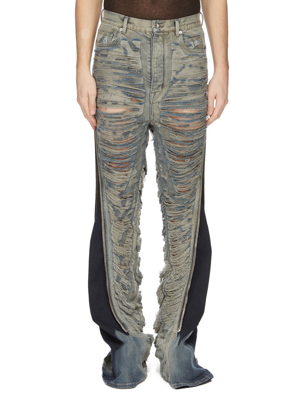 RICK OWENS FW23 LUXOR RUNWAY BOLAN BANANA IN 13OZ MINERAL PEARL SHREDDED DENIM RICK OWENS FW23 LUXOR RUNWAY BOLAN BANANA IN 13OZ MINERAL PEARL SHREDDED DENIM