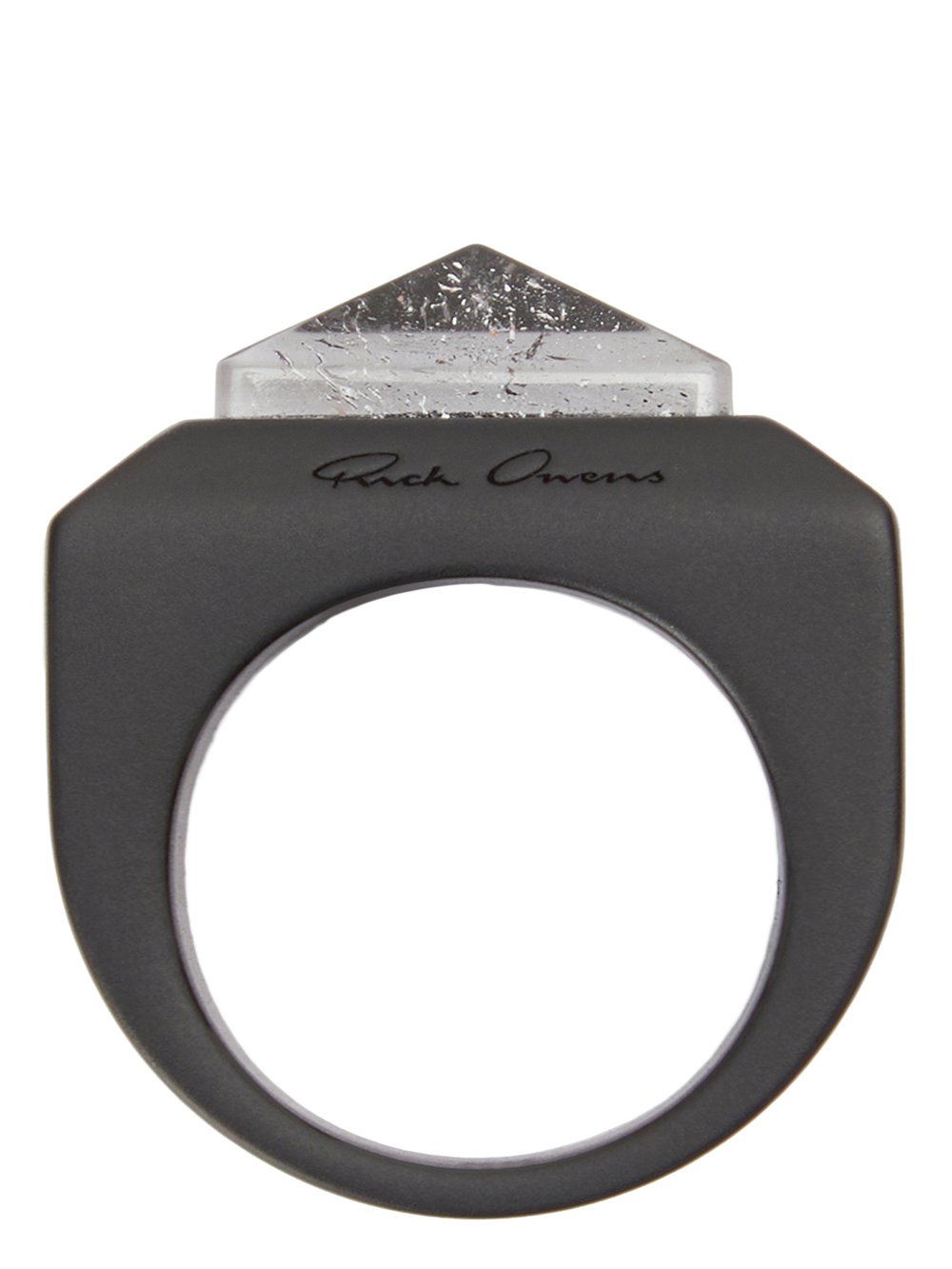 RICK OWENS CRYSTAL PYRAMID RING IN BLACK BRASS AND ROCK CRYSTAL