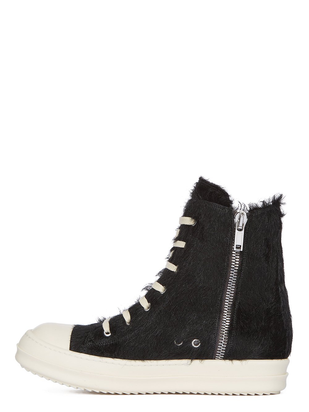 RICK OWENS FW23 LUXOR SNEAKERS IN BLACK AND MILK LONG HAIR PONY