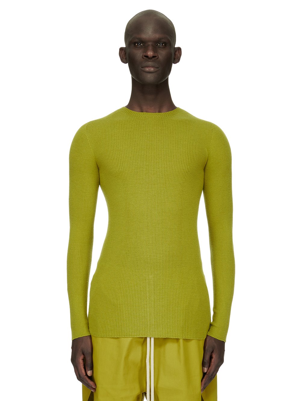 RICK OWENS FW23 LUXOR RIBBED ROUND NECK IN ACID YELLOW LIGHTWEIGHT RIBBED KNIT