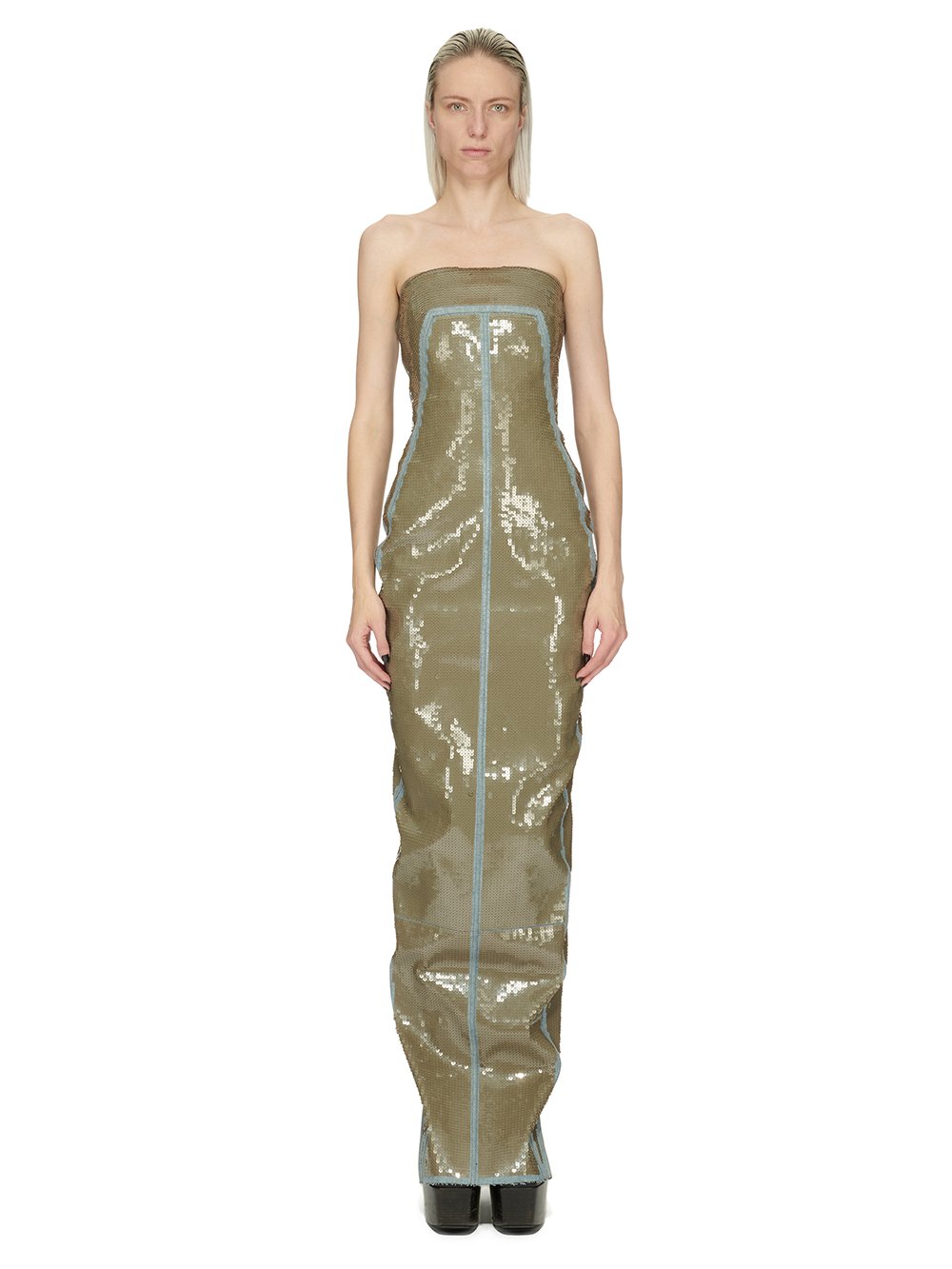 RICK OWENS FW23 LUXOR BUSTIER GOWN IN BLUE AND DUST SEQUIN EMBROIDERED STRETCH DENIM