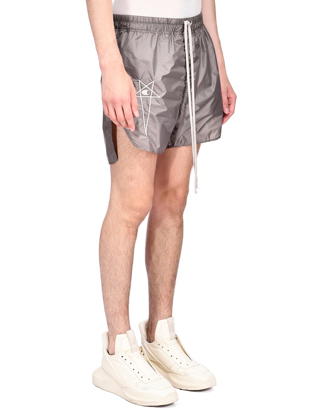 CHAMPION X RICK OWENS DOLPHIN BOXERS IN DUST GREY RECYCLED NYLON