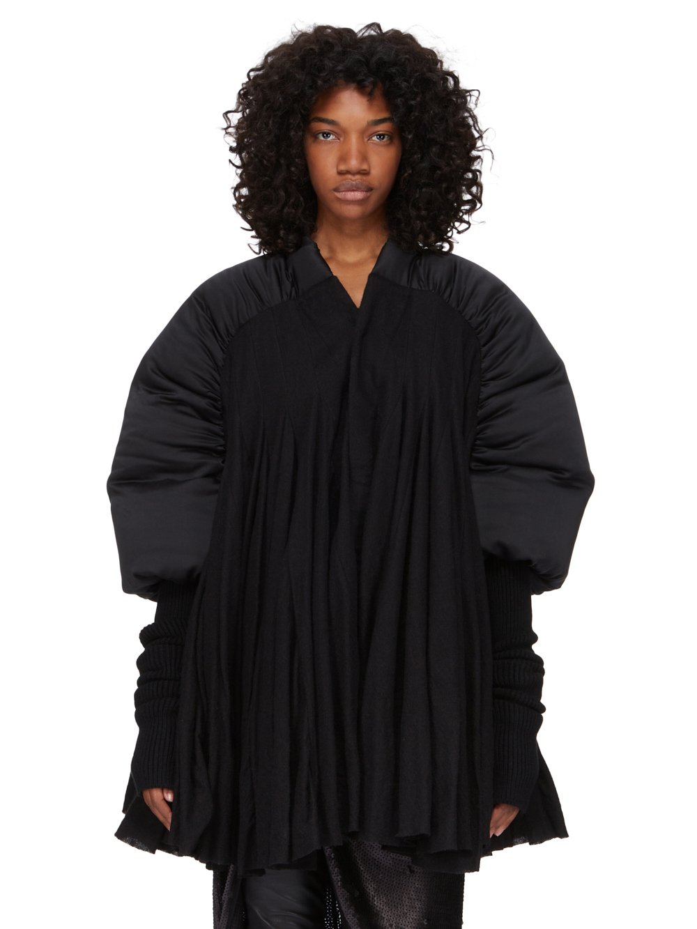 RICK OWENS FW23 LUXOR RUNWAY DUVETESSA IN BLACK SILK CHARMEUSE AND SOFT WOOL FLANNEL