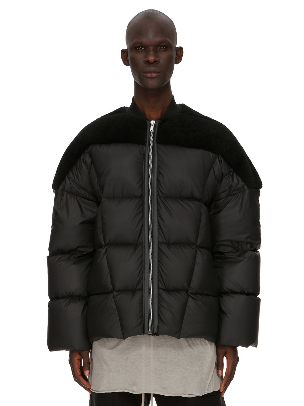 RICK OWENS FW23 LUXOR FLIGHT JKT IN BLACK BUTTER LAMB SHEARLING AND RECYCLED NYLON