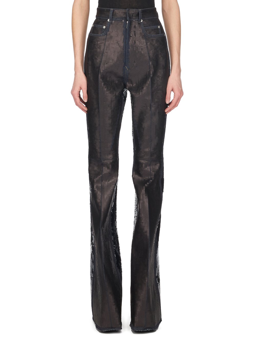 RICK OWENS FW23 LUXOR RUNWAY BOLAN BOOTCUT IN BLUE AND BLACK SEQUIN EMBROIDERED STRETCH DENIM