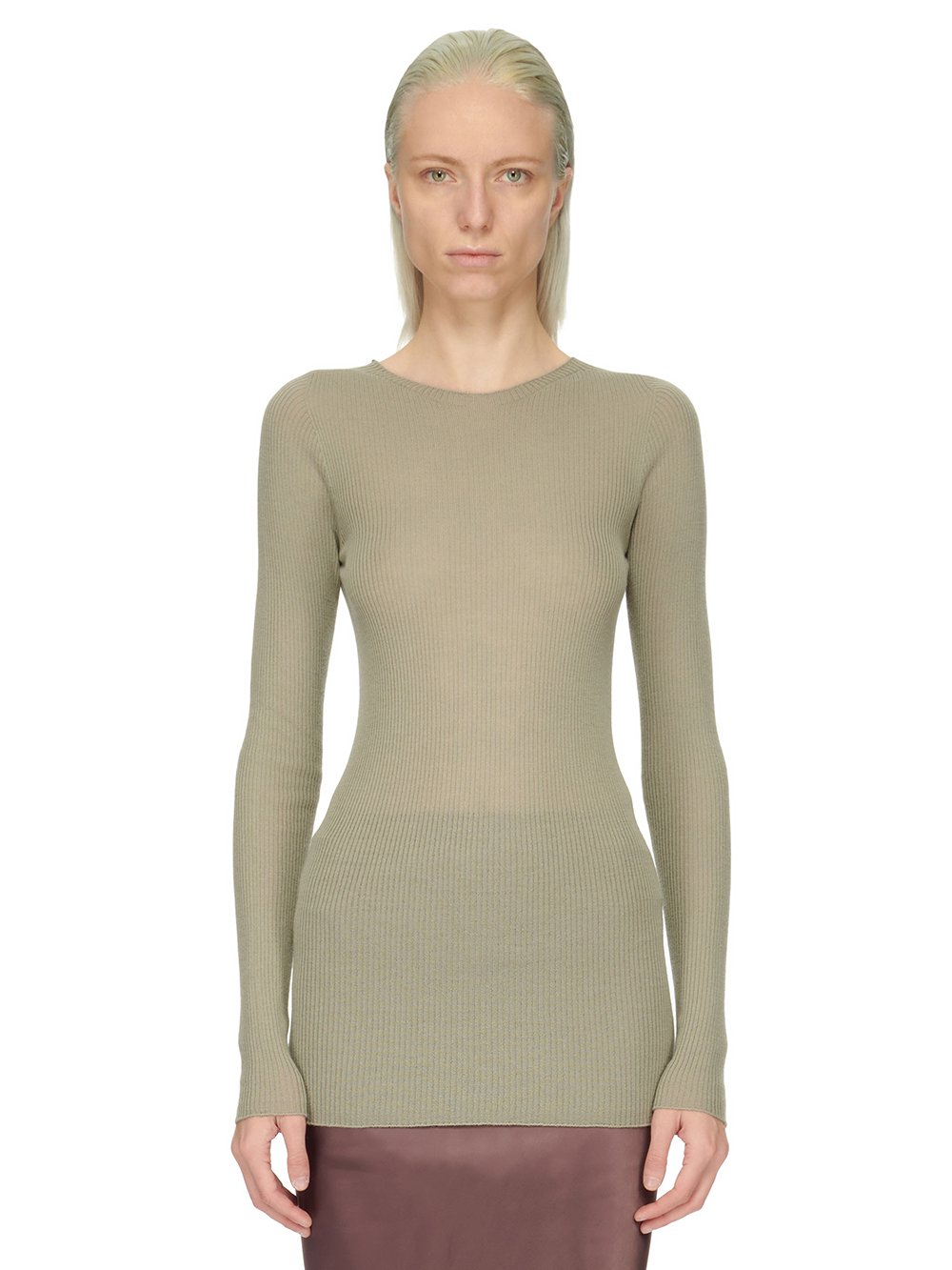 RICK OWENS FW23 LUXOR RIBBED ROUND NECK IN PEARL LIGHTWEIGHT RIBBED KNIT