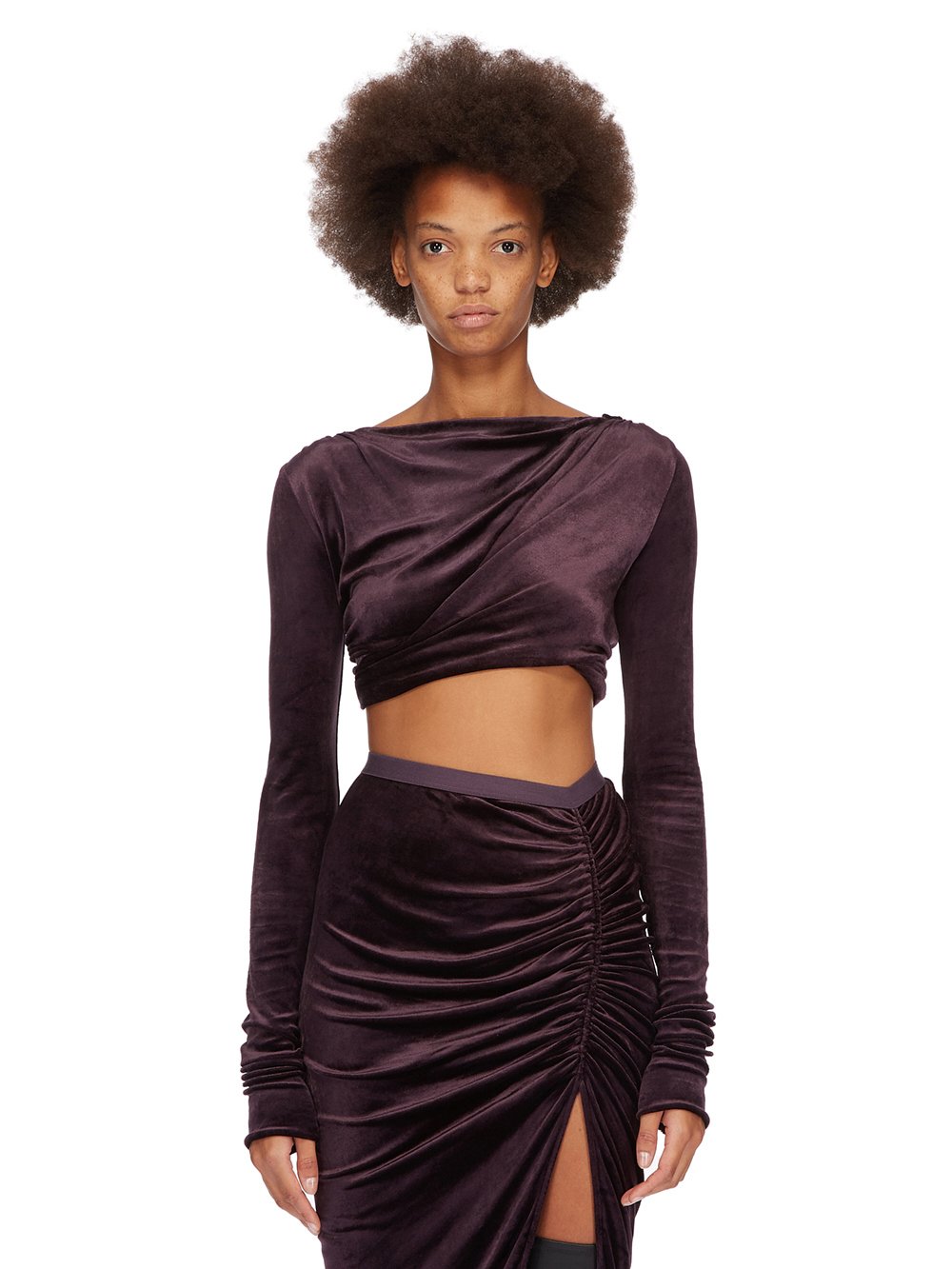 RICK OWENS LILIES FW23 LUXOR JADE LS CROP IN DEEP PURPLE VELVET JERSEY