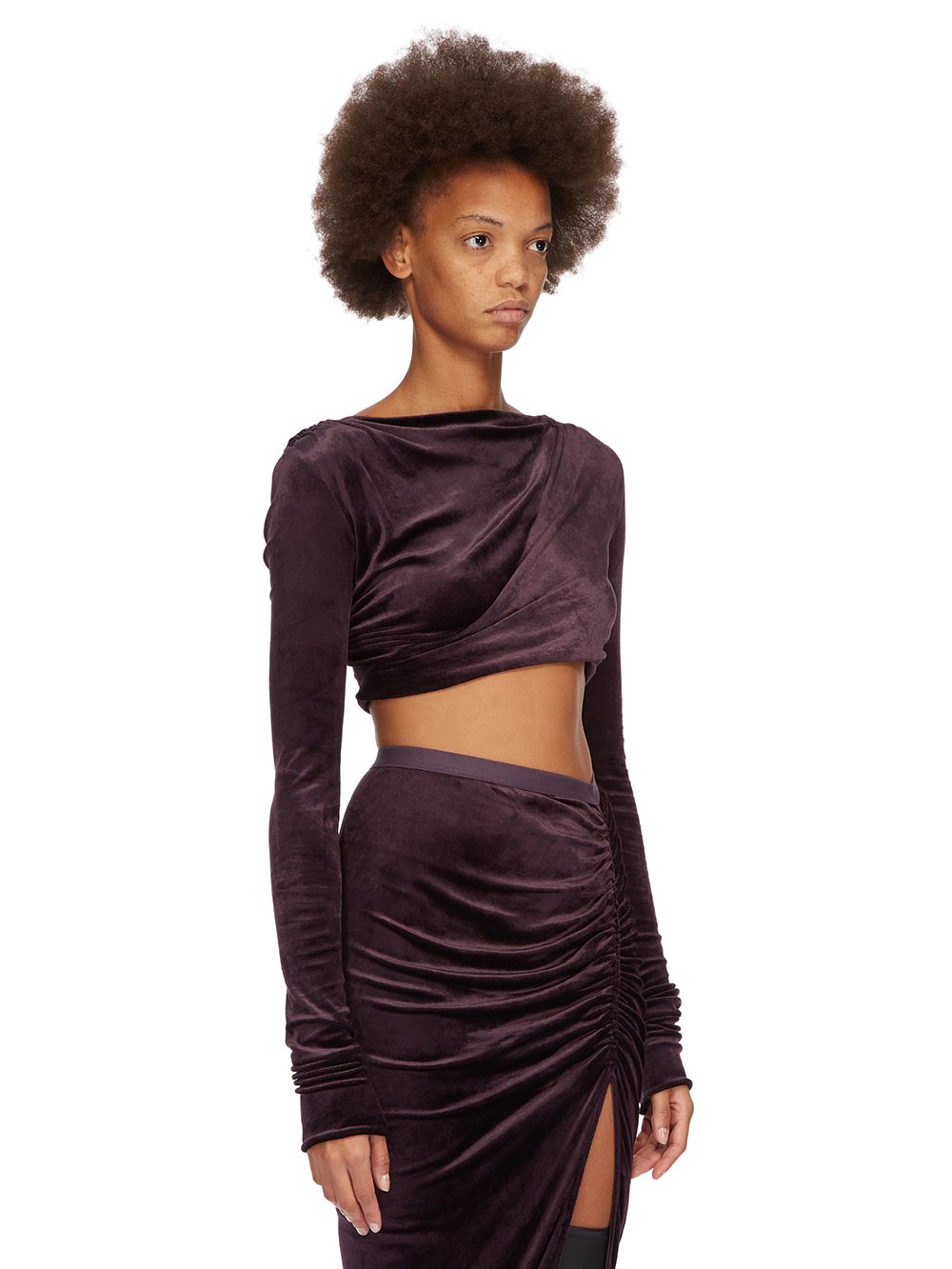 RICK OWENS LILIES FW23 LUXOR JADE LS CROP IN DEEP PURPLE VELVET JERSEY
