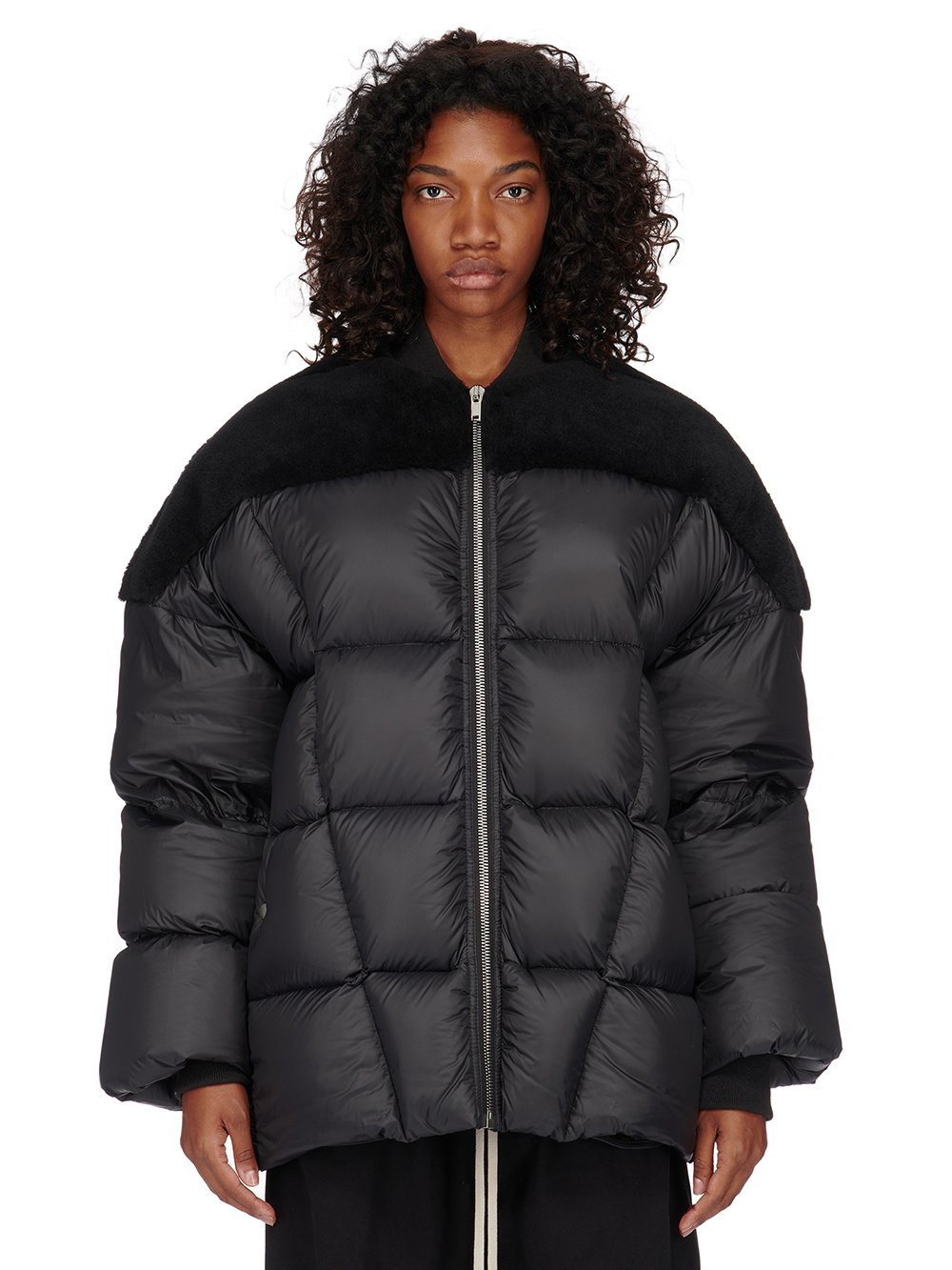 RICK OWENS FW23 LUXOR FLIGHT JKT IN  BLACK BUTTER LAMB SHEARLING AND RECYCLED NYLON