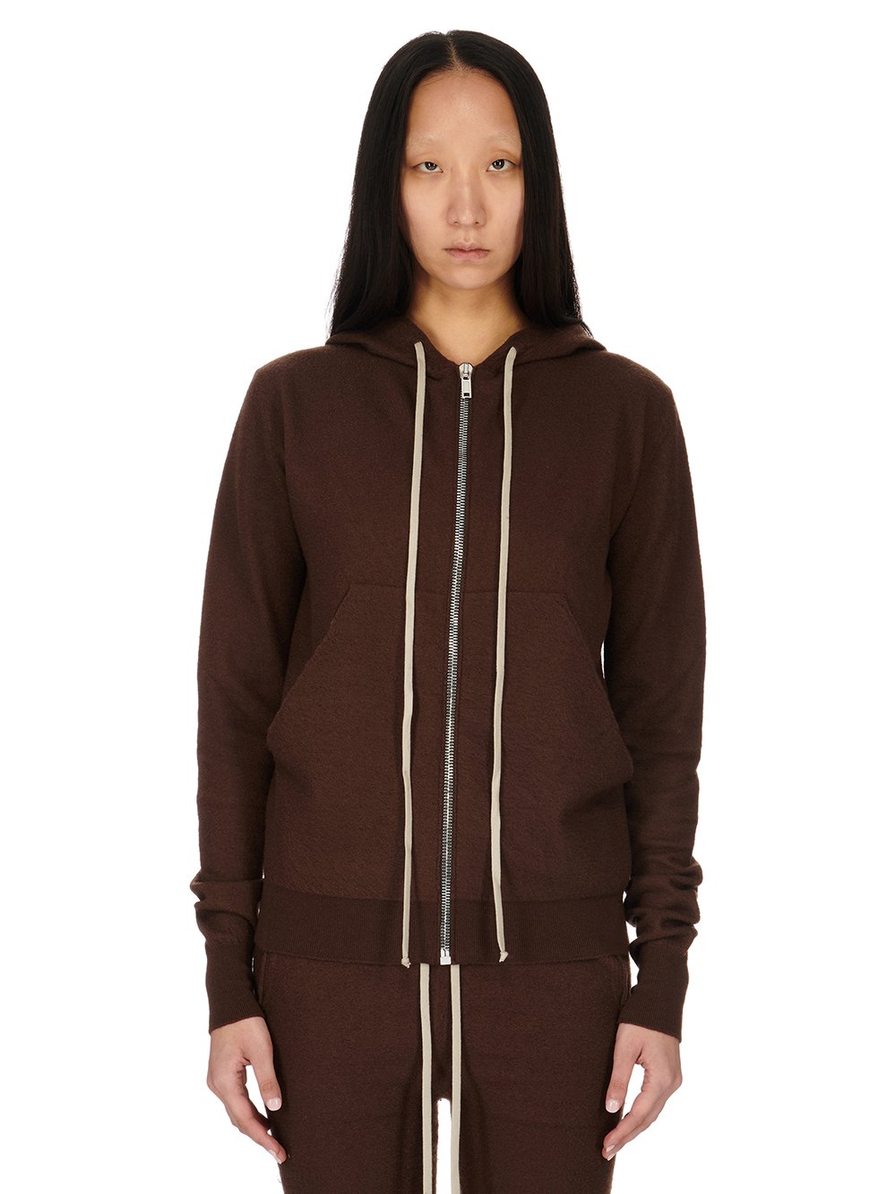 RICK OWENS FW23 LUXOR ZIPPED HOODIE IN BROWN BOILED CASHMERE KNIT RICK OWENS FW23 LUXOR ZIPPED HOODIE IN BROWN BOILED CASHMERE KNIT