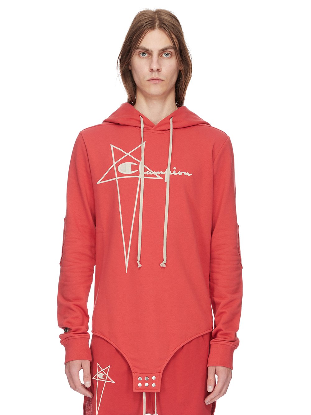 CHAMPION X RICK OWENS HOODED BODY IN CARNELIAN RED COMPACT COTTON FELPA