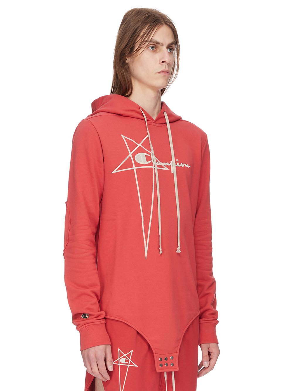 CHAMPION X RICK OWENS HOODED BODY IN CARNELIAN RED COMPACT COTTON FELPA