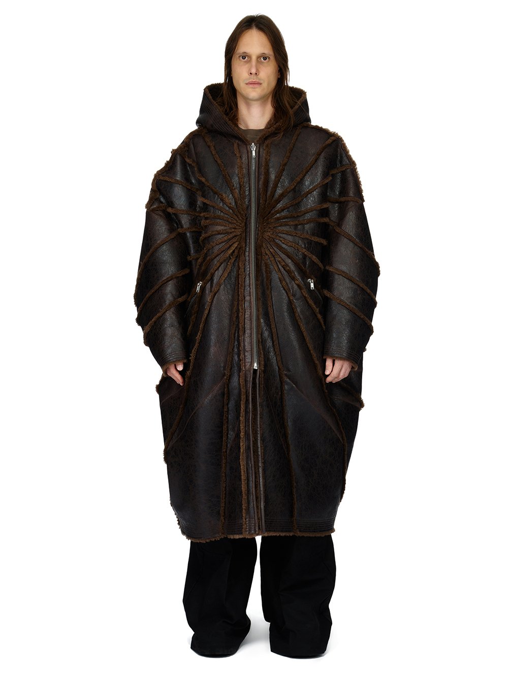 RICK OWENS FW23 LUXOR RUNWAY JUMBO PETER PEA IN BROWN BUTTER LAMB SHEARLING RADIANCE