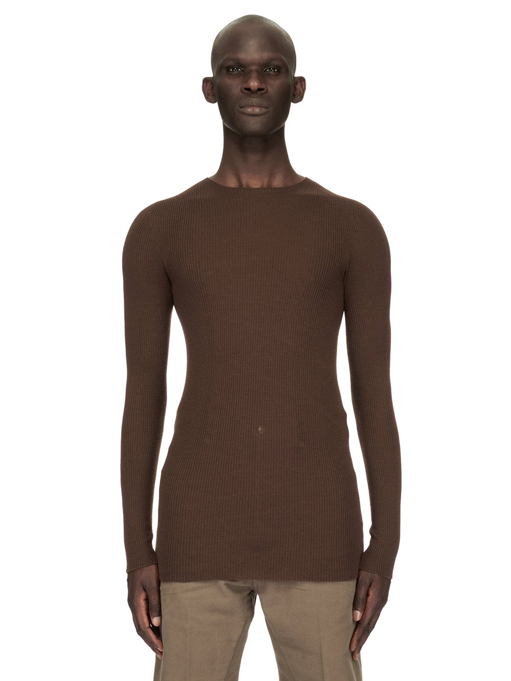 RICK OWENS FW23 LUXOR RIBBED ROUND NECK IN BROWN LIGHTWEIGHT RIBBED KNIT