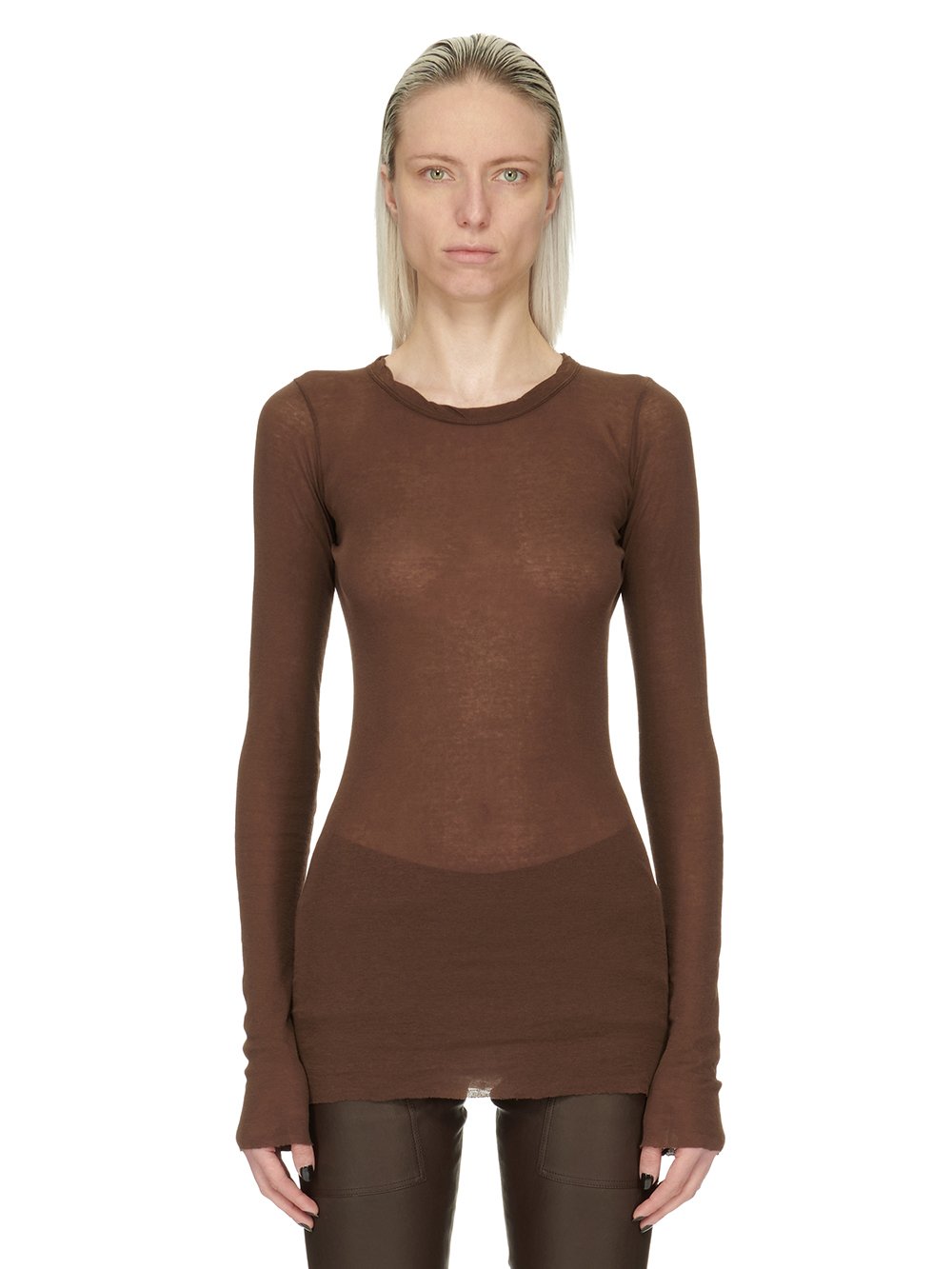 RICK OWENS FW23 LUXOR RIB LS T IN BROWN MINI RIB JERSEY