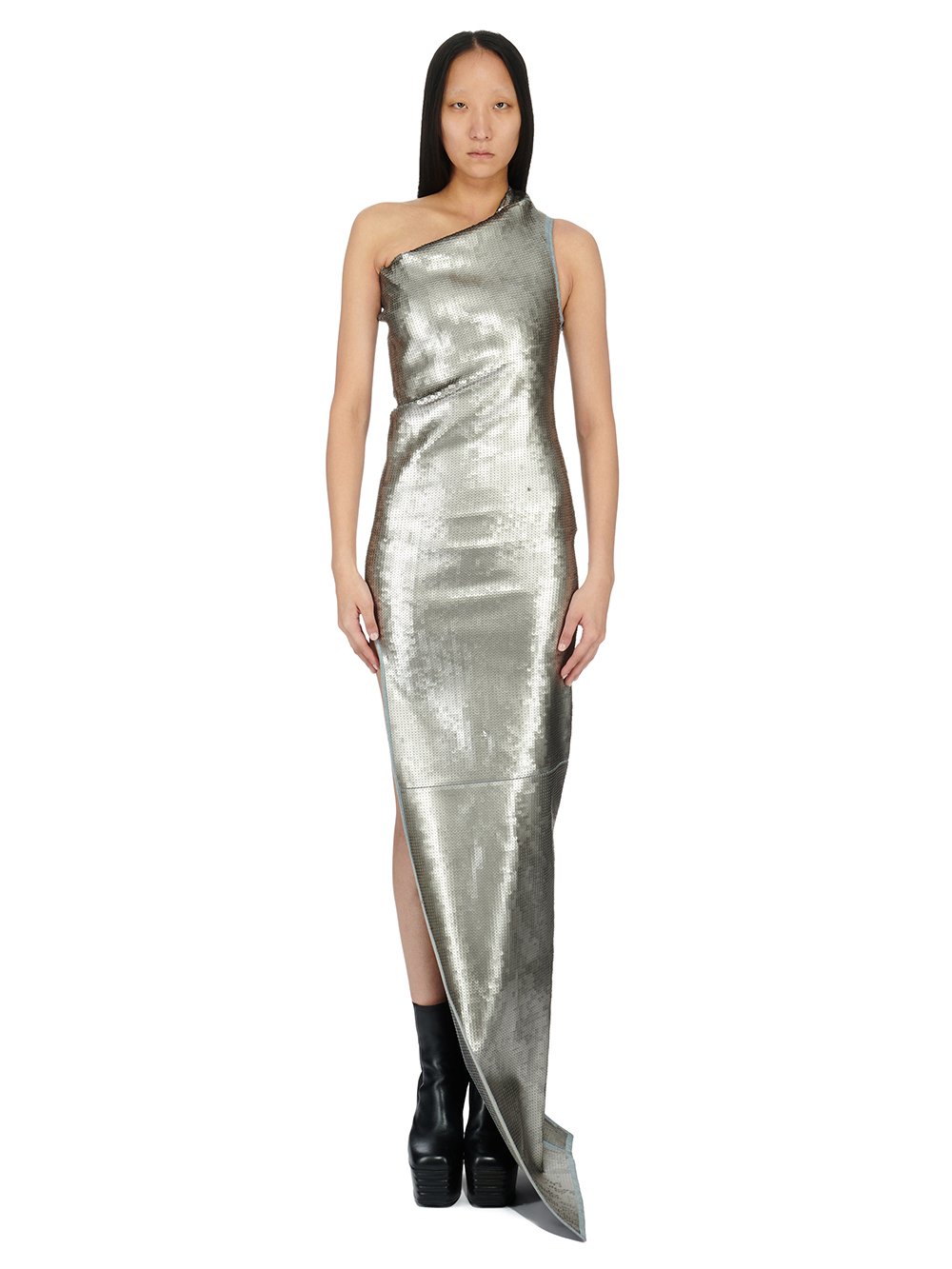 RICK OWENS FW23 LUXOR ATHENA GOWN IN BLUE AND PEARL SEQUIN EMBROIDERED STRETCH DENIM