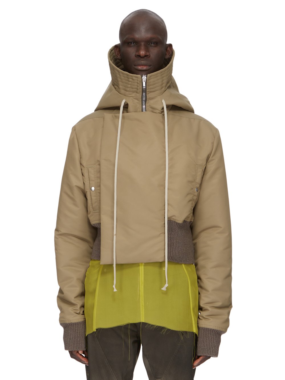 RICK OWENS FW23 LUXOR RUNWAY CROPPED ALICE PARKA IN PALE GREEN, DUST AND BLACK RECYCLED BOMBER