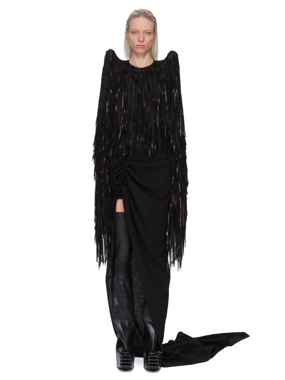 RICK OWENS FW23 LUXOR RUNWAY STROBE BOLERO IN BLACK SILK CHIFFON SEQUIN FRINGE