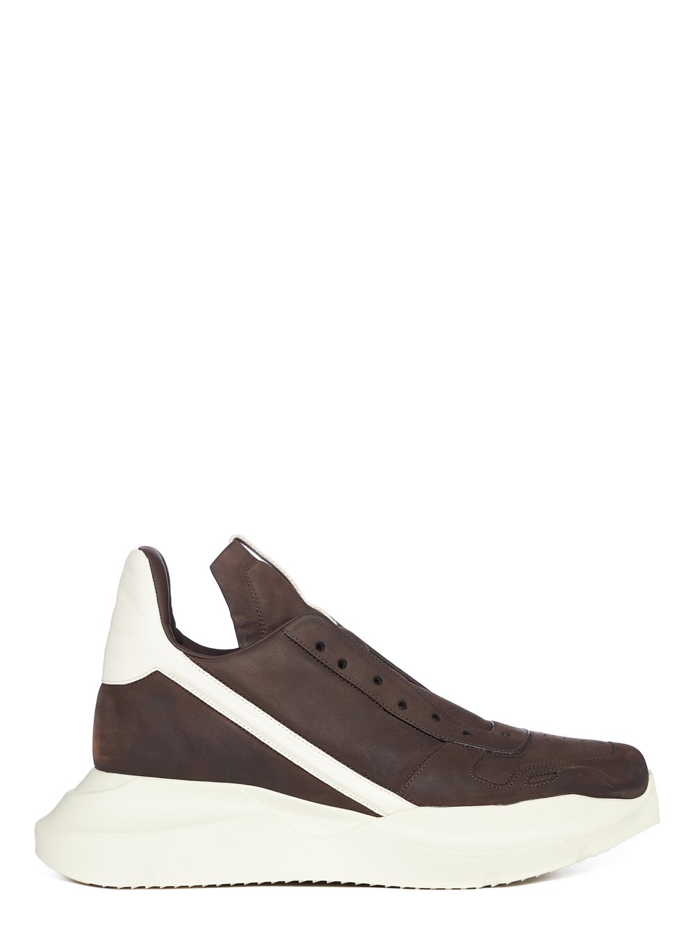 RICK OWENS FW23 LUXOR RUNWAY GETH RUNNER IN BROWN GREYWOLF NUBUCK AND MILK FULL GRAIN CALF LEATHER RICK OWENS FW23 LUXOR RUNWAY GETH RUNNER IN BROWN GREYWOLF NUBUCK AND MILK FULL GRAIN CALF LEATHER