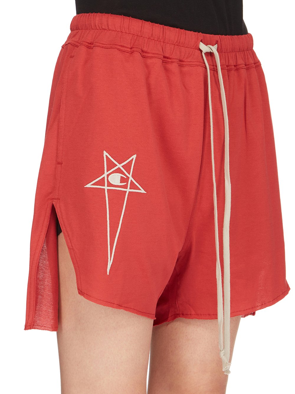 CHAMPION X RICK OWENS DOLPHIN BOXERS IN CARNELIAN RED MEDIUM WEIGHT COTTON JERSEY 