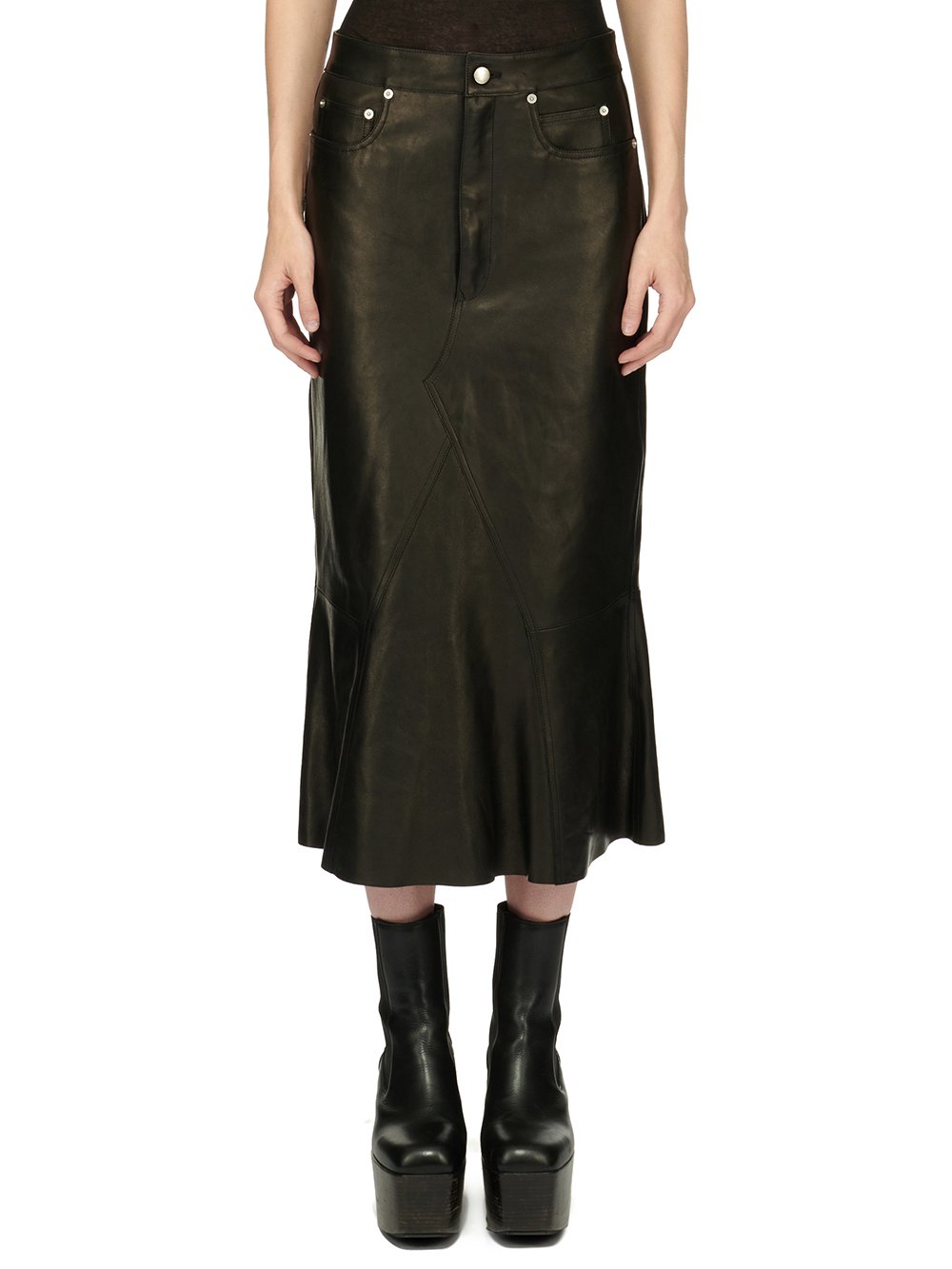 RICK OWENS FW23 LUXOR GODET SKIRT IN BLACK VEG NAPPA LAMB RICK OWENS FW23 LUXOR GODET SKIRT IN BLACK VEG NAPPA LAMB