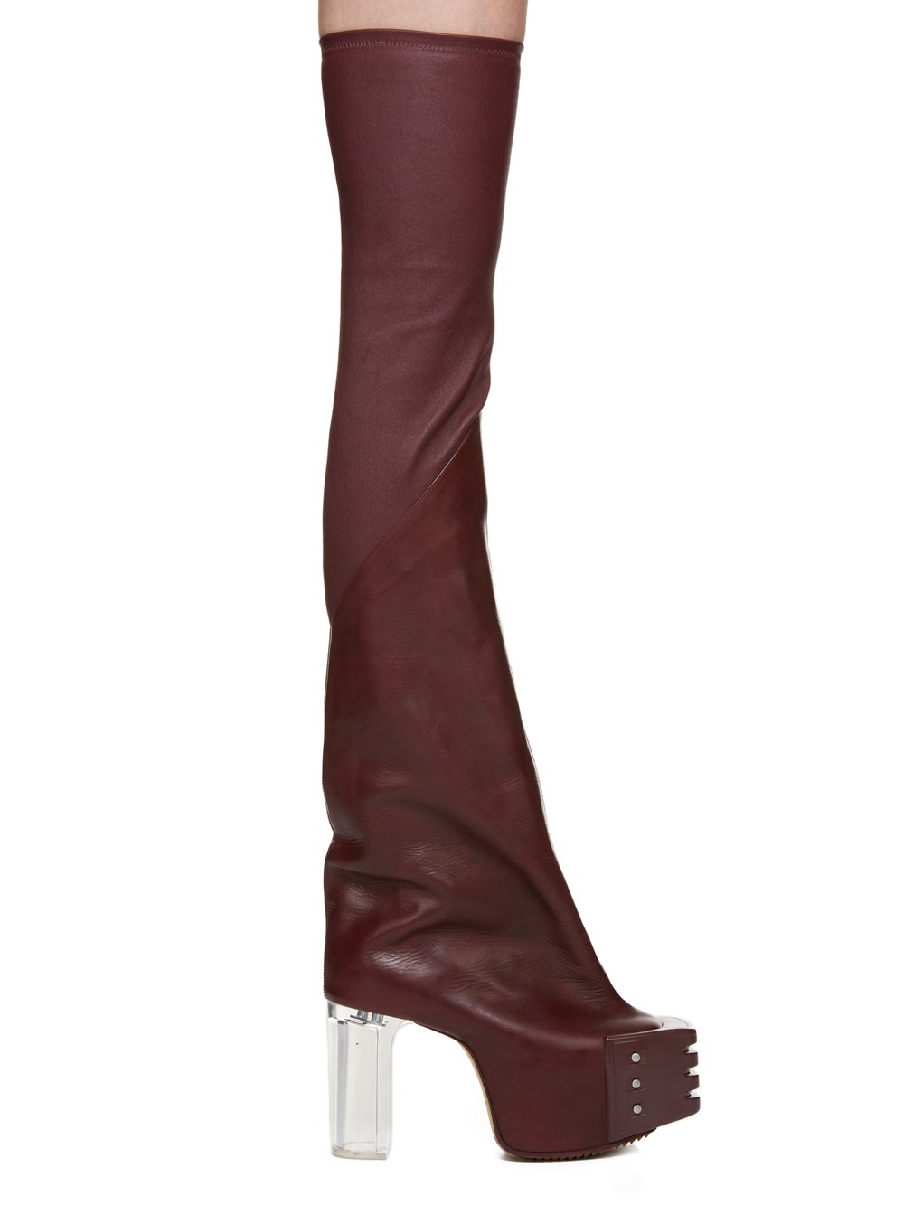RICK OWENS FW23 LUXOR RUNWAY FLARED PLATFORMS 45 IN AMETHYST STRETCH LAMB LEATHER AND GROPPONE COW LEATHER RICK OWENS FW23 LUXOR RUNWAY FLARED PLATFORMS 45 IN AMETHYST STRETCH LAMB LEATHER AND GROPPONE COW LEATHER