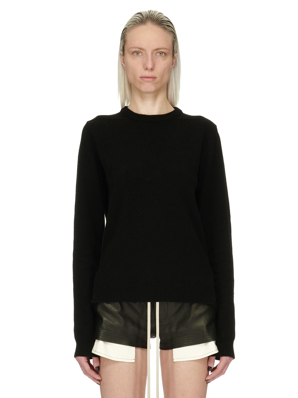 RICK OWENS FW23 LUXOR ROUND NECK IN BLACK RECYCLED CASHMERE KNIT