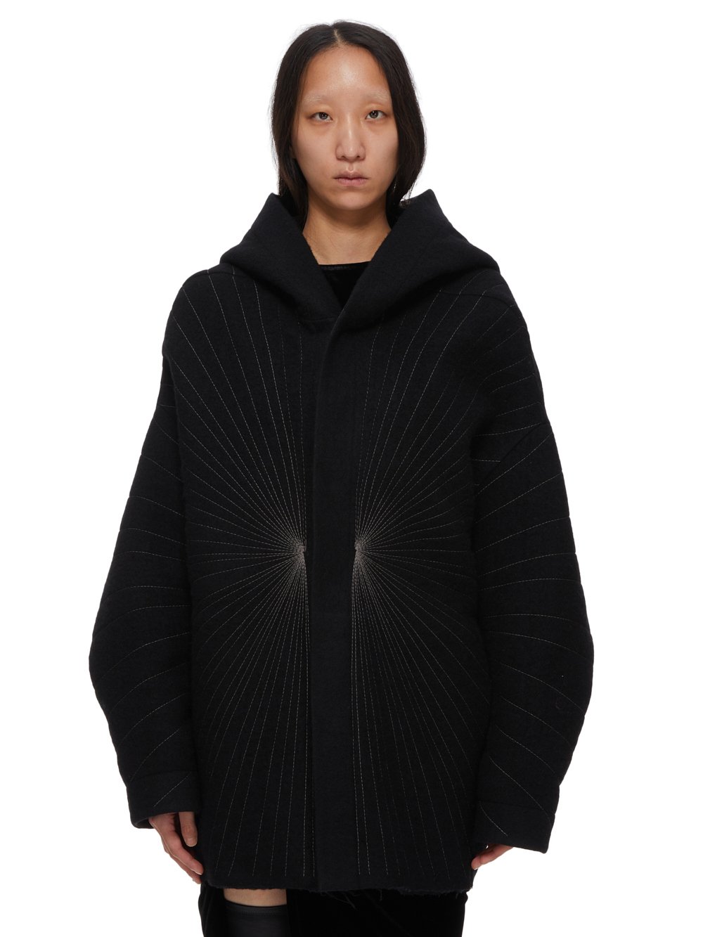 RICK OWENS FW23 LUXOR SNAP FRONT PETER IN BLACK AND DUST RADIANCE EMBROIDERED BOILED WOOL 