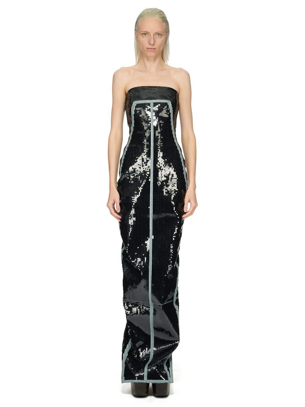 RICK OWENS FW23 LUXOR BUSTIER GOWN IN BLUE AND BLACK SEQUIN EMBROIDERED STRETCH DENIM 