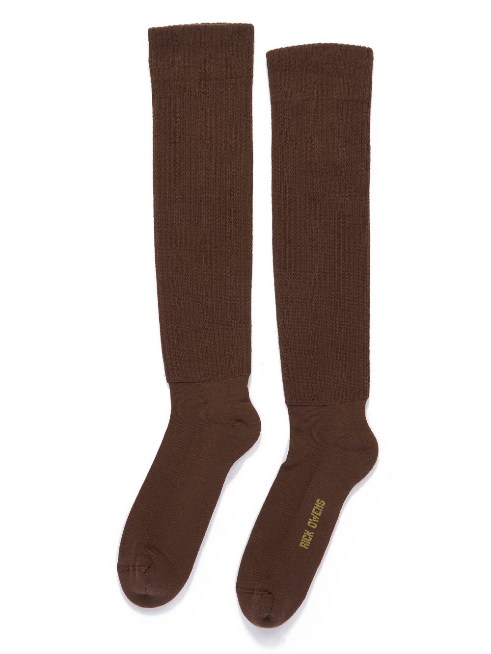RICK OWENS FW23 LUXOR KNEE HIGH SOCKS IN BROWN AND ACID COTTON KNIT
