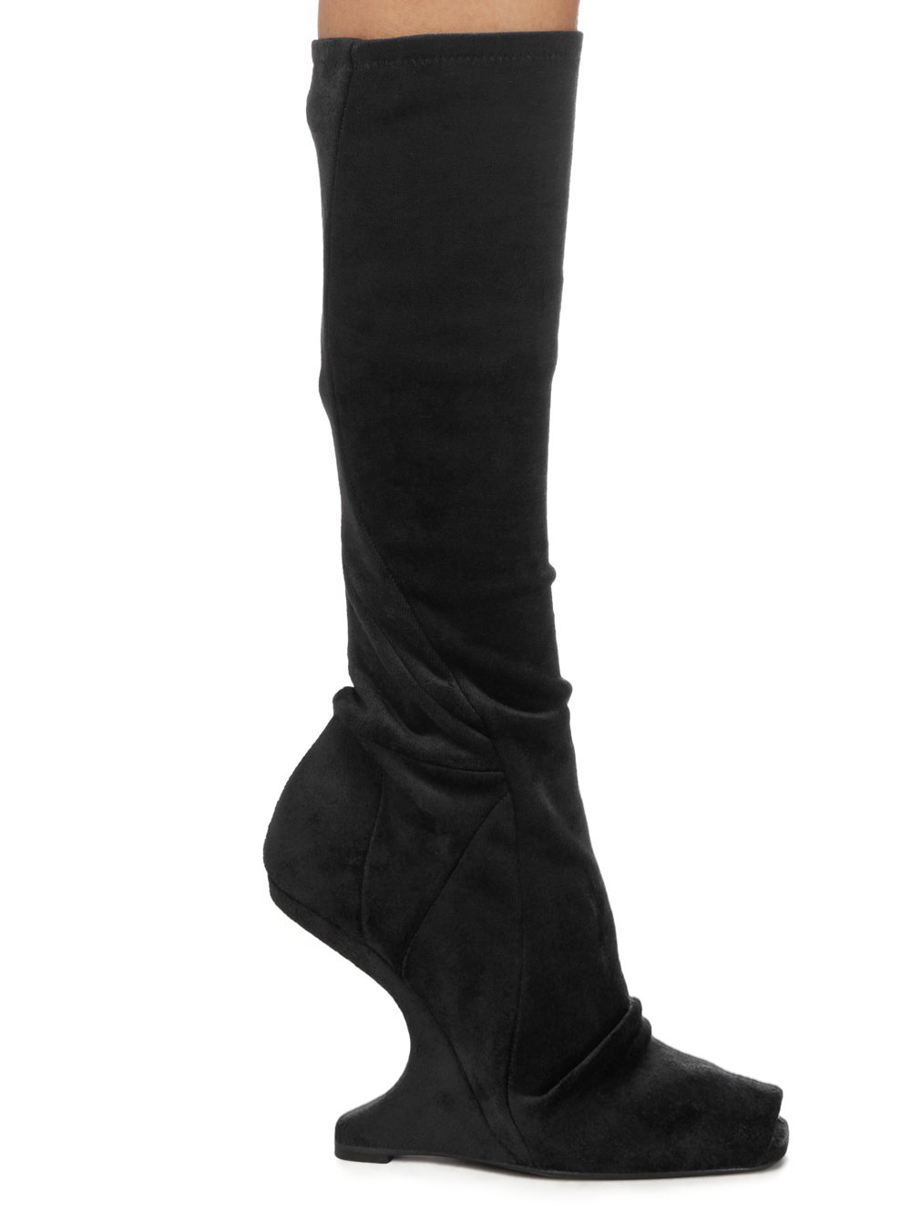 RICK OWENS LILIES FW23 LUXOR CANTILEVER 11 MID CALF BOOT IN BLACK VELVET JERSEY