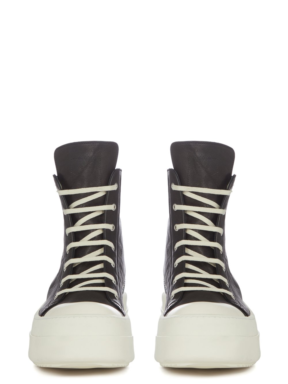 RICK OWENS FW23 LUXOR RUNWAY MEGA BUMPER SNEAKS IN BLACK AND MILK GROPPONE NAPPA LEATHER